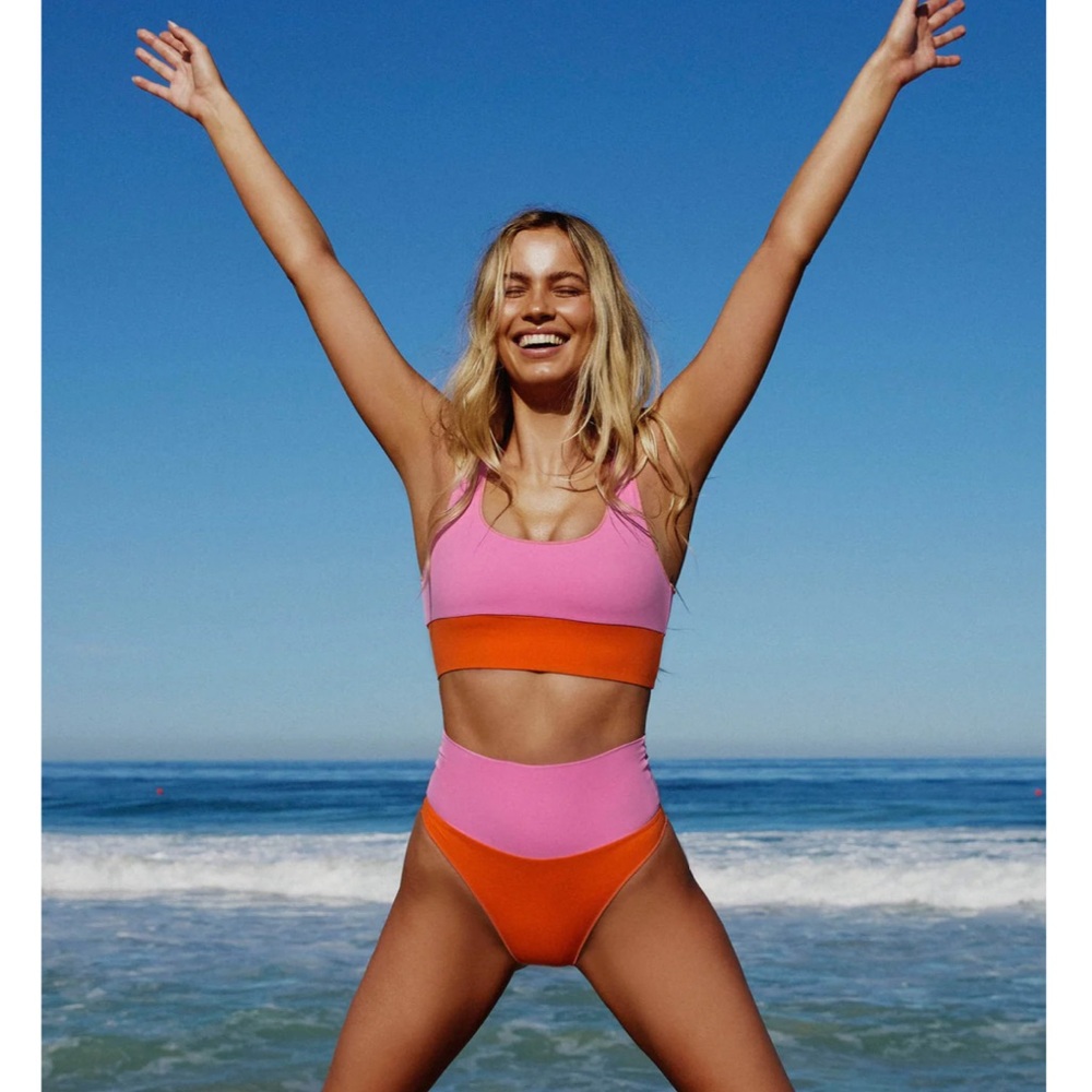 Bold Pink and Orange Bikini with High-Waisted Bottoms